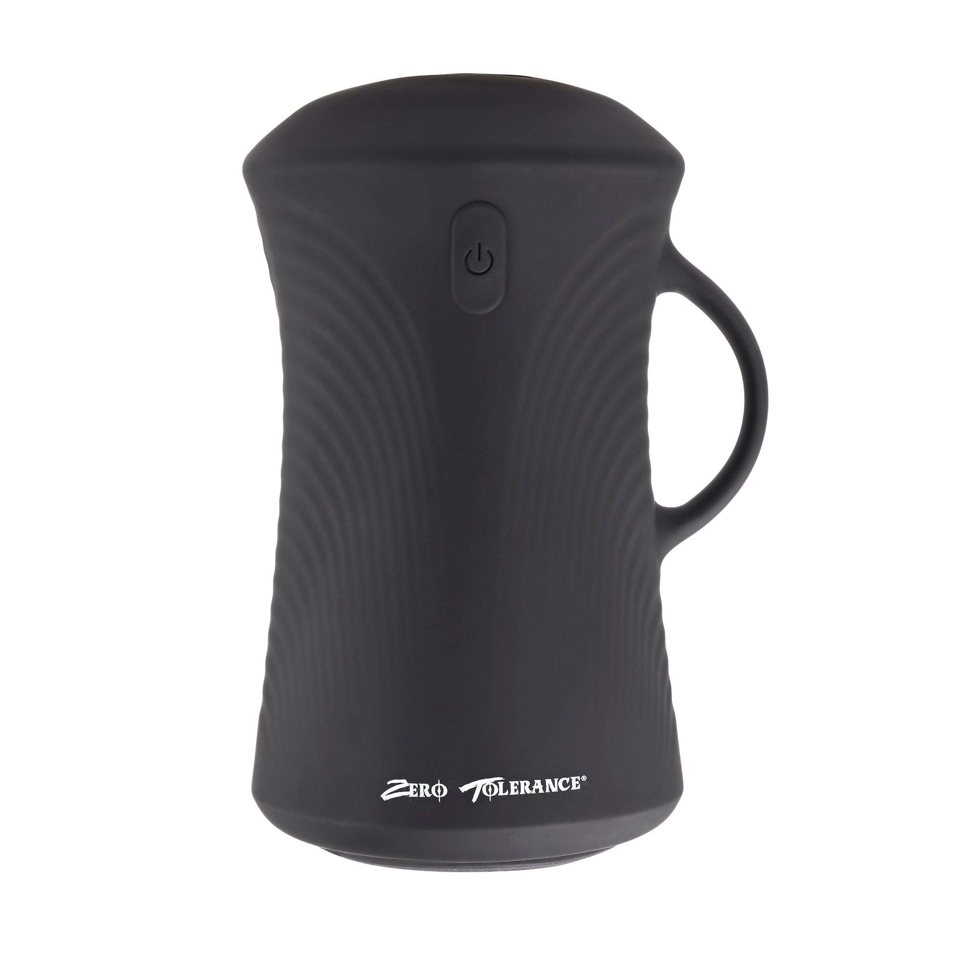 Black silicone gyrating ball stroker with a power button and handle.