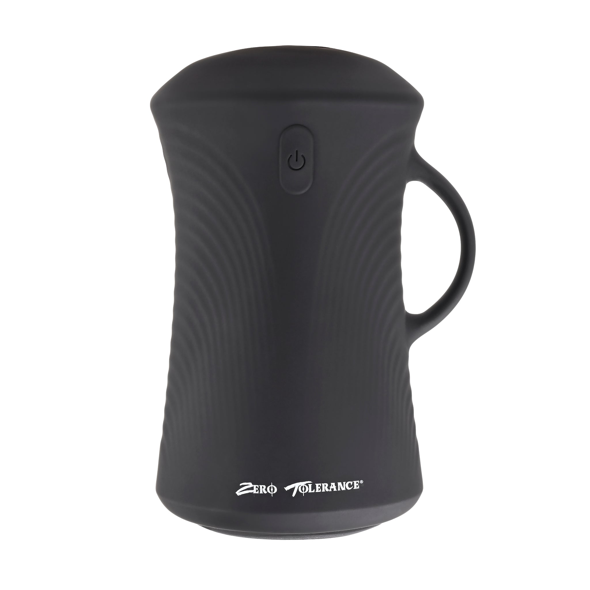Black silicone gyrating ball stroker with a power button and handle.