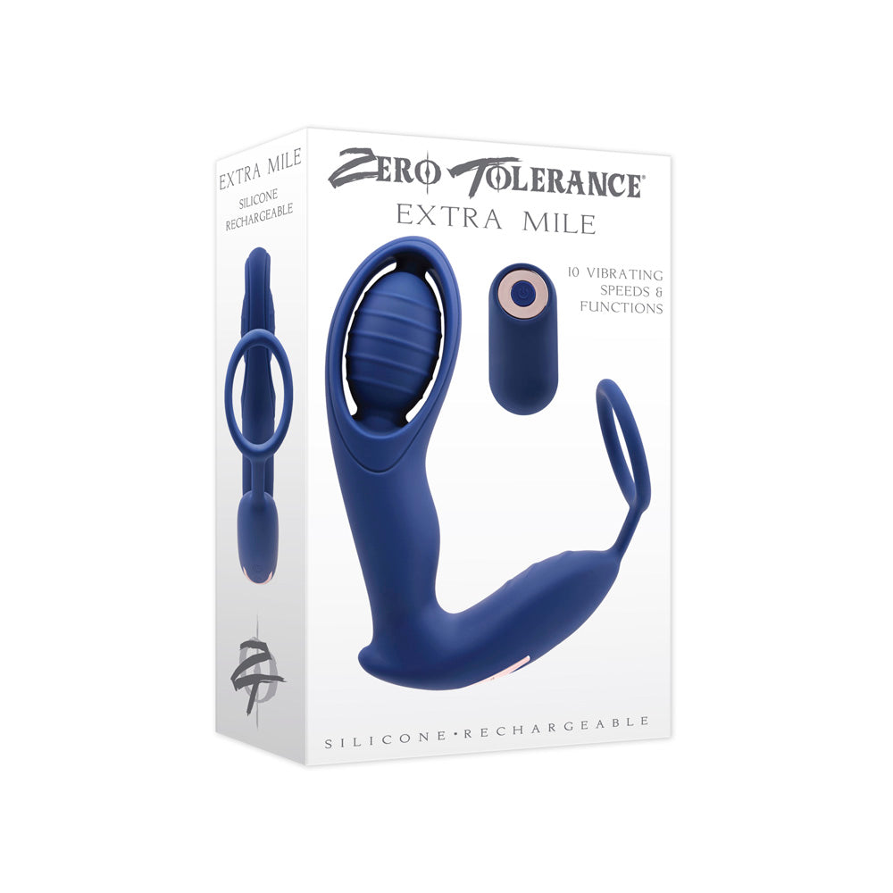 Blue silicone double motor C-ring vibrator with textured head.