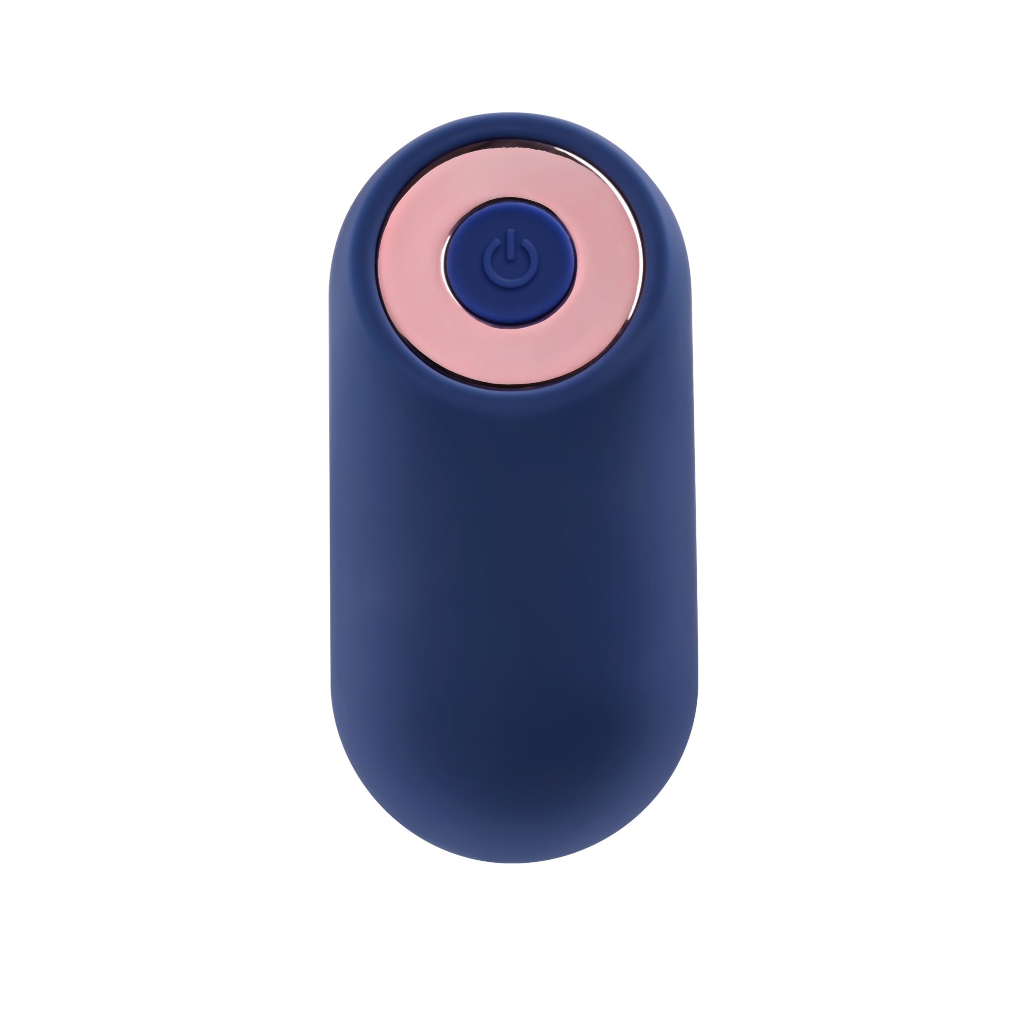 A dark blue oval vibrator with a pink and blue power button.
