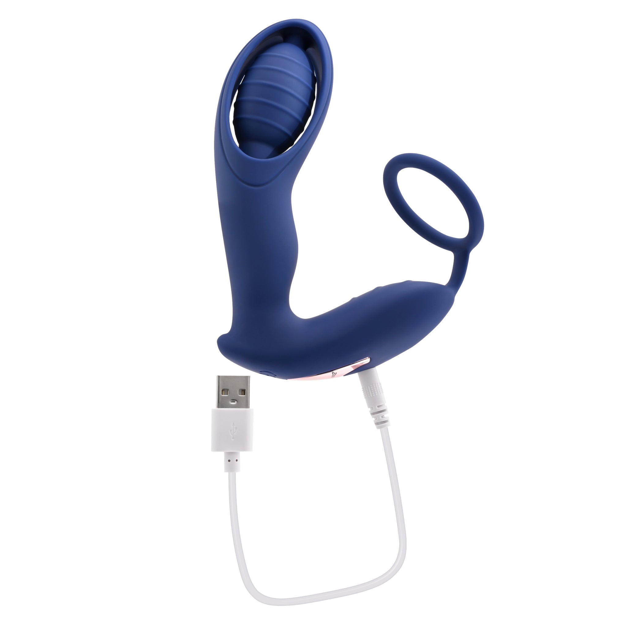 A blue silicone C-ring vibrator with a USB charging cable.