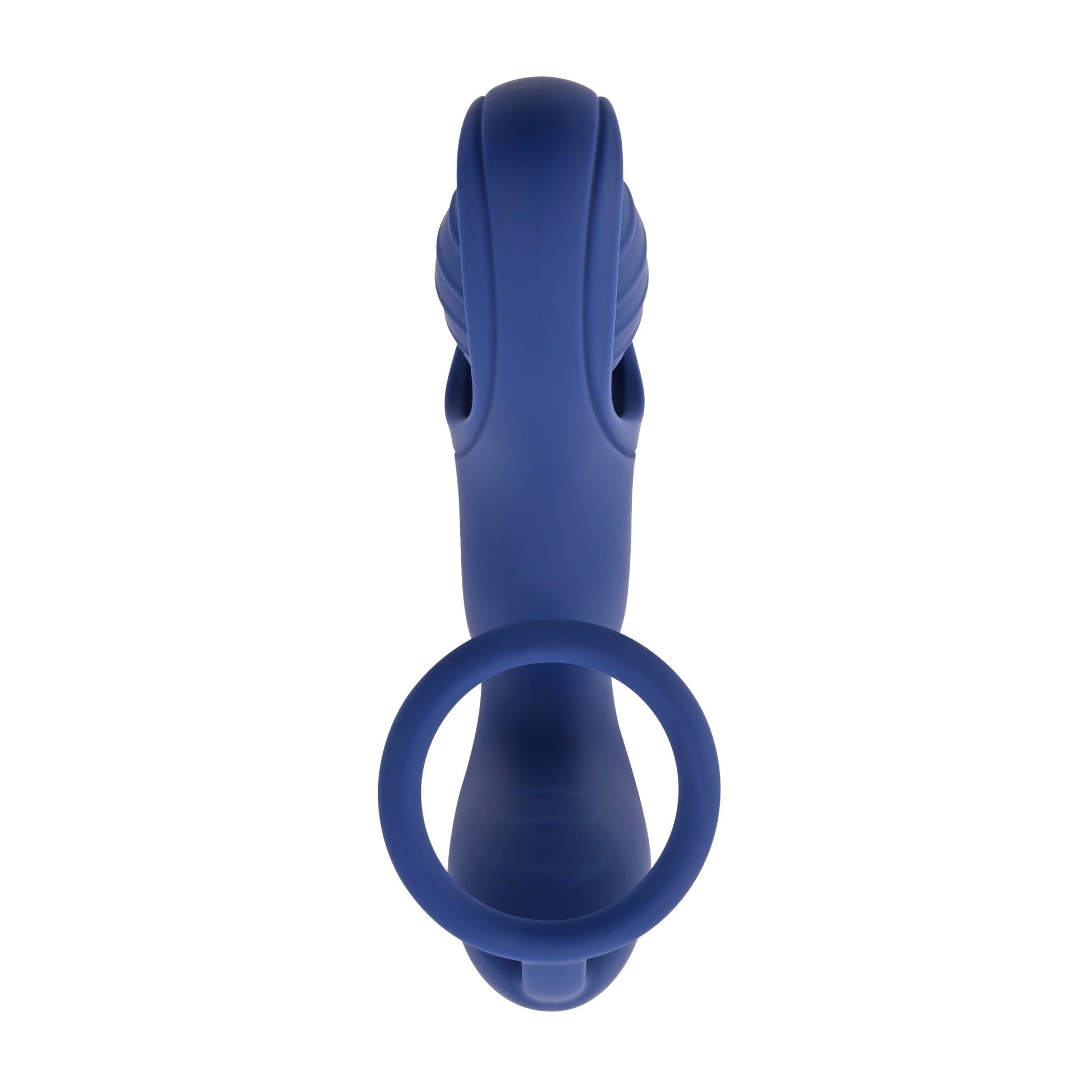 A blue double motor C-ring vibrator with a flexible ring.