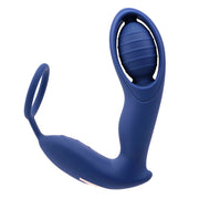 Blue double motor C-ring vibrator with textured insert and loop.