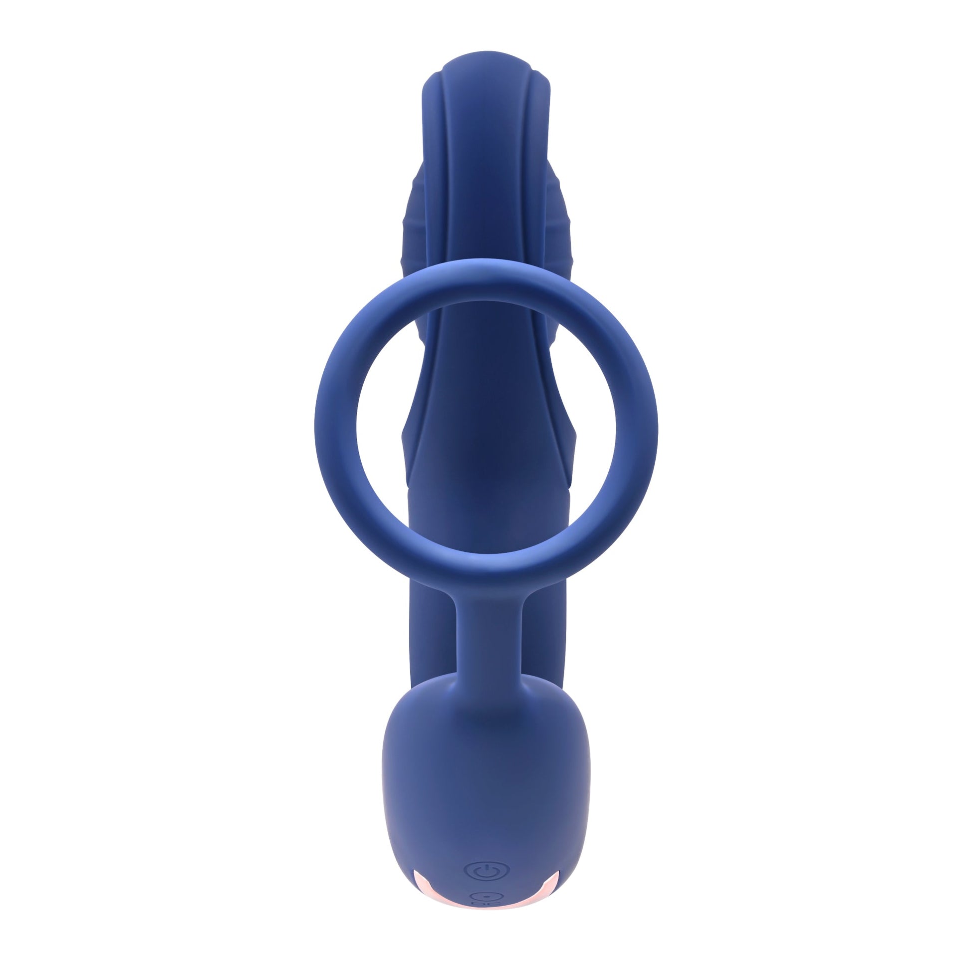 Blue double motor C-ring vibrator with a circular handle and two buttons on the base.