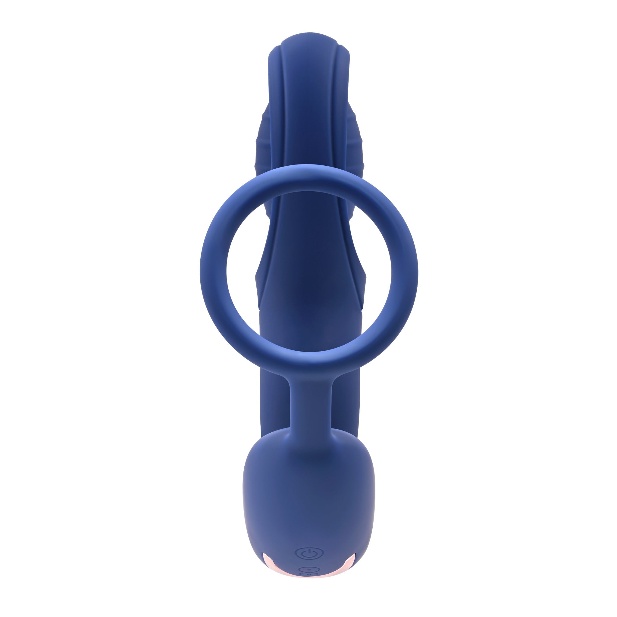 Blue double motor C-ring vibrator with a circular handle and two buttons on the base.
