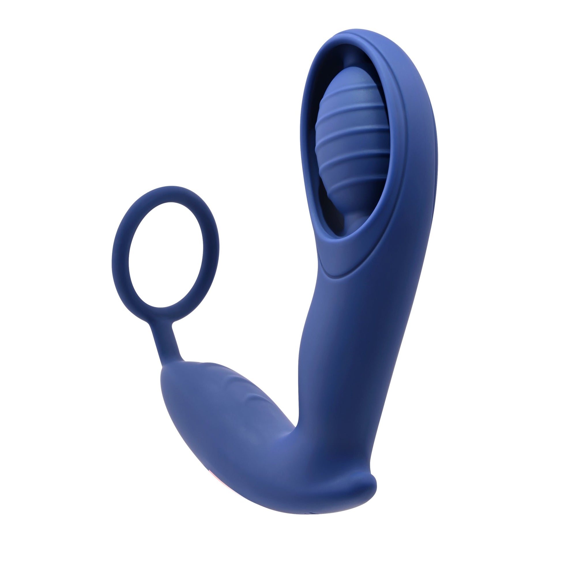 A blue silicone C-ring vibrator with a textured head and a loop.