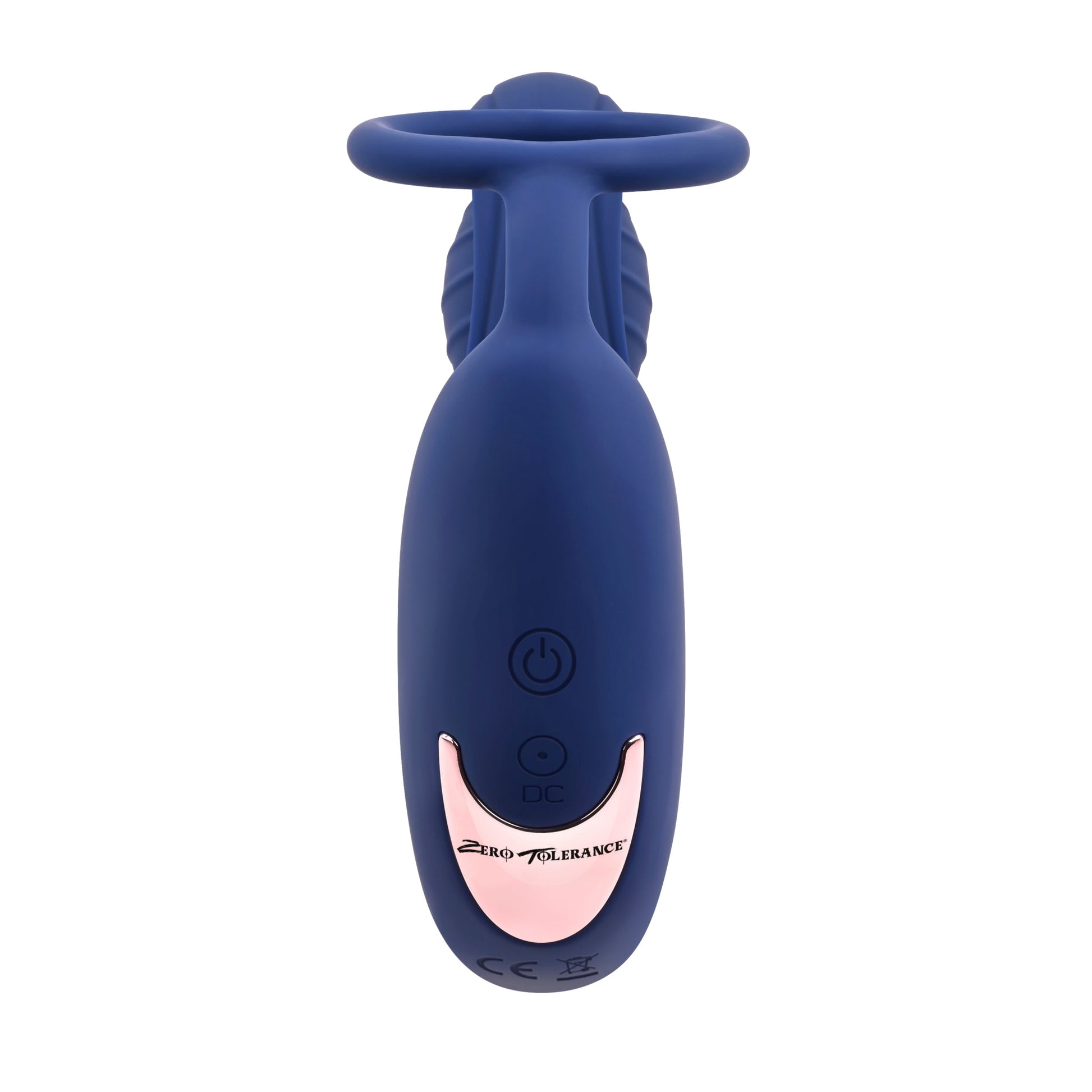 A blue double motor C-ring vibrator with a pink accent and power button.