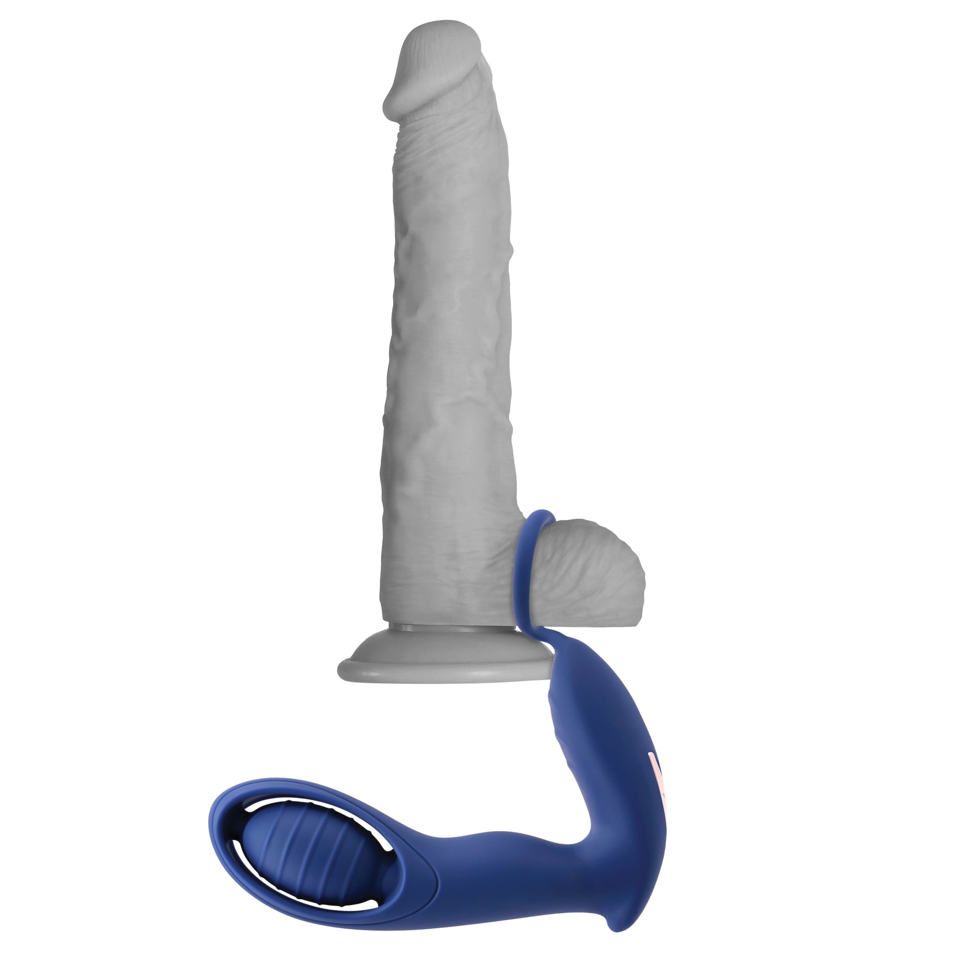 Gray silicone double motor C-ring vibrator with blue remote control.