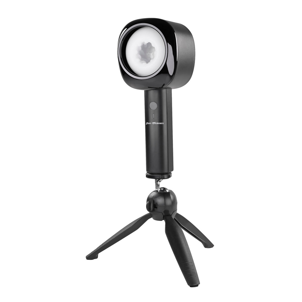 Black rechargeable stroker with textured interior on a tripod.