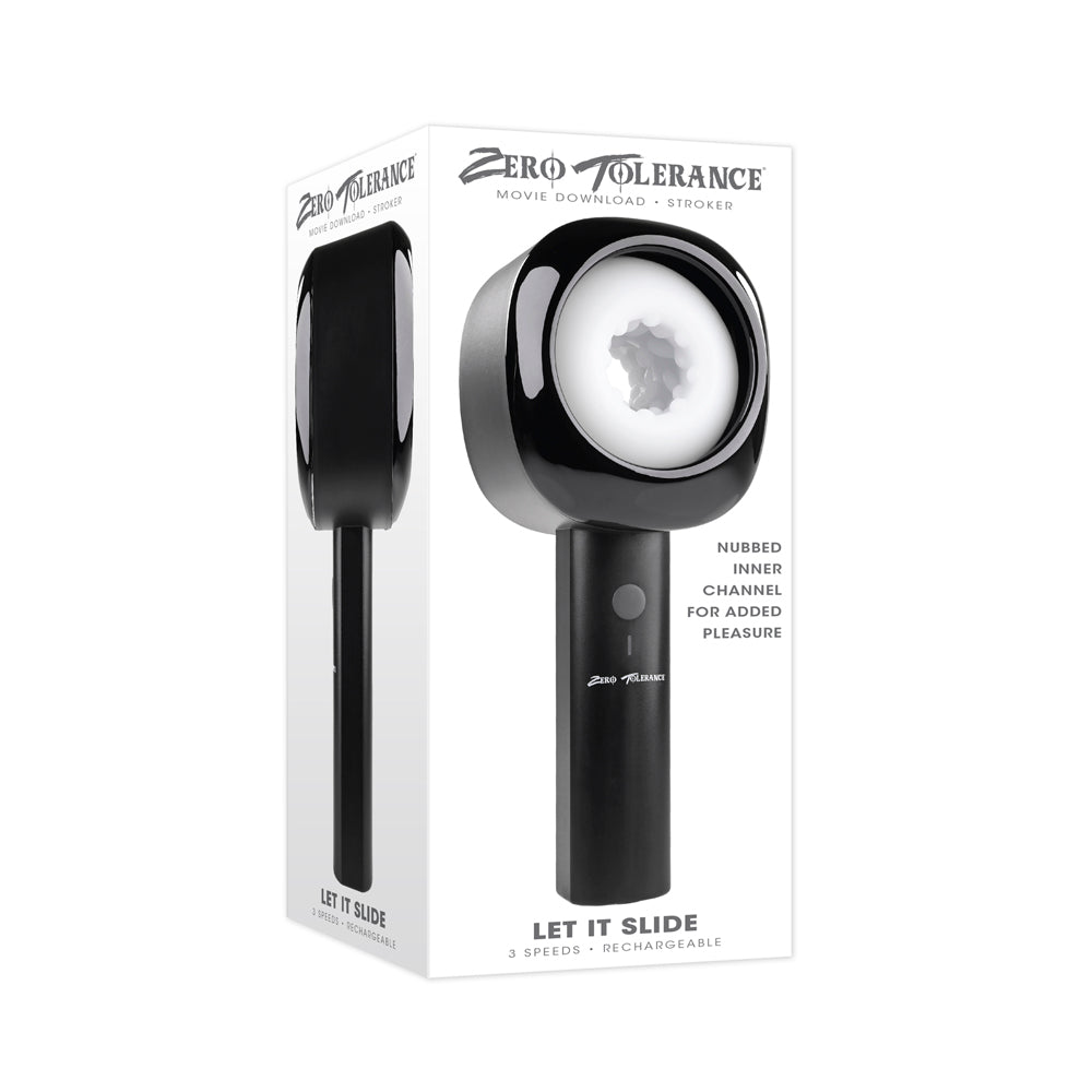 A black rechargeable stroker with a textured inner channel.