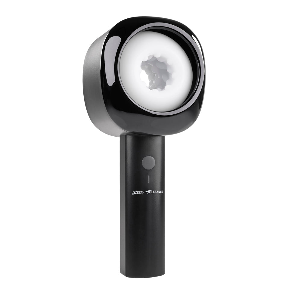 A black and silver rechargeable stroker with a textured white interior.