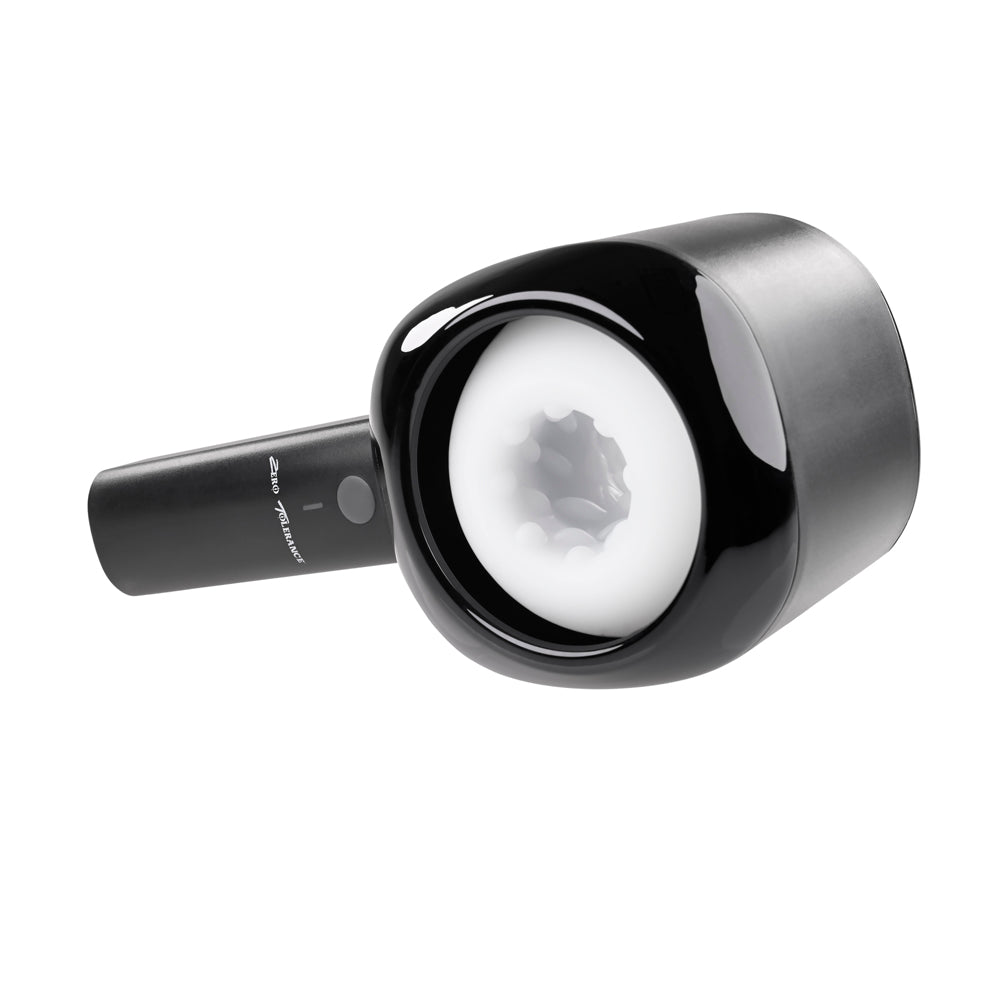 A black rechargeable stroker with a textured white interior.