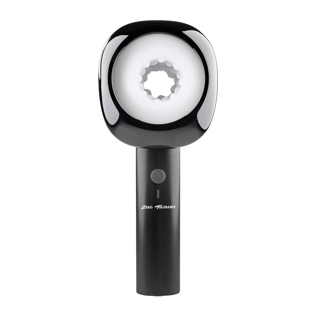 A black and white rechargeable textured stroker with a ribbed interior.