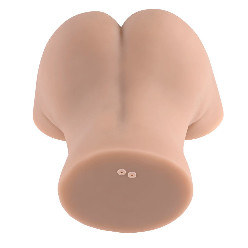 Rear view of beige dual-entry male stroker with textured openings.