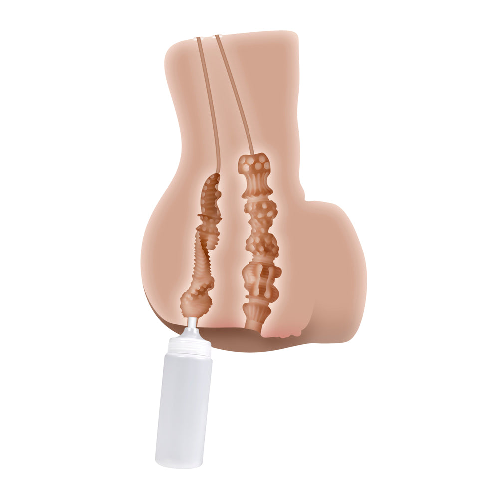 Dual motor sucking stroker with textured channels and a cleaning bottle.