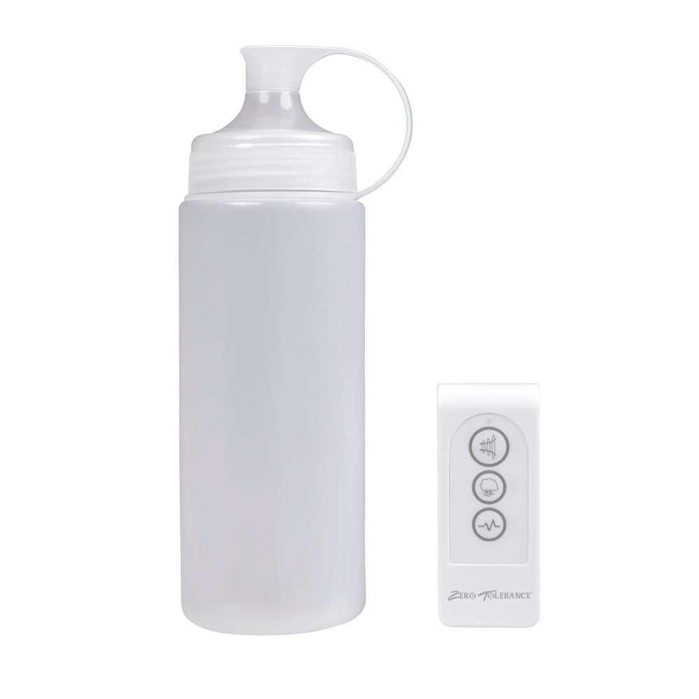 A white bottle and a white remote control with three icons.