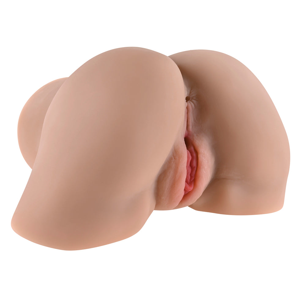 Realistic dual-channel stroker toy with vaginal and anal openings, shown from rear view.