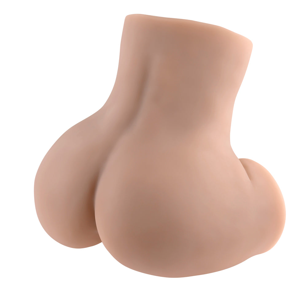 Rear view of a realistic silicone stroker toy with curved buttocks and dual entryways.