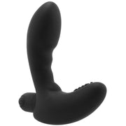 Black silicone prostate massager with textured nubs and charging port.