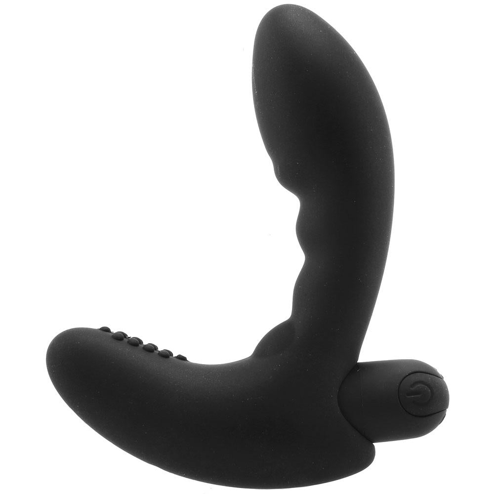 Black rechargeable silicone prostate massager with textured tip and power button.