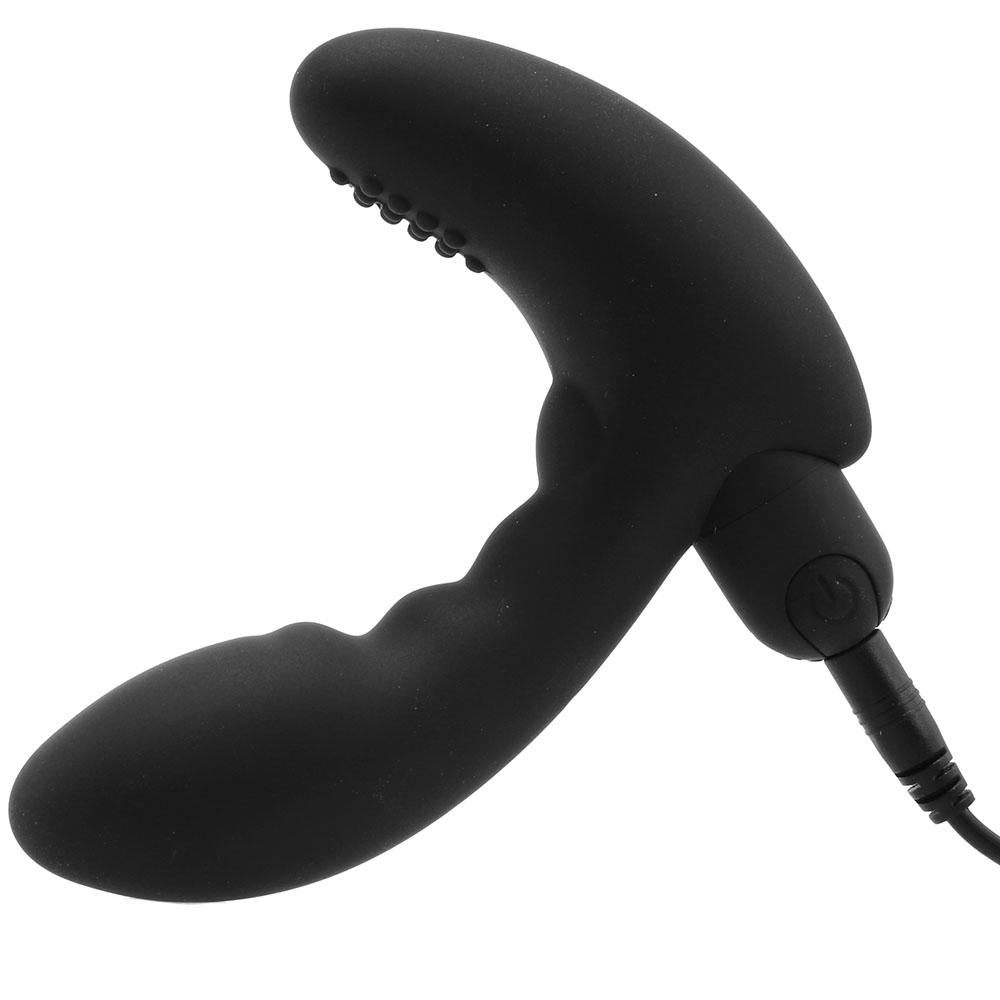 Black rechargeable silicone prostate massager with textured tip and power button.