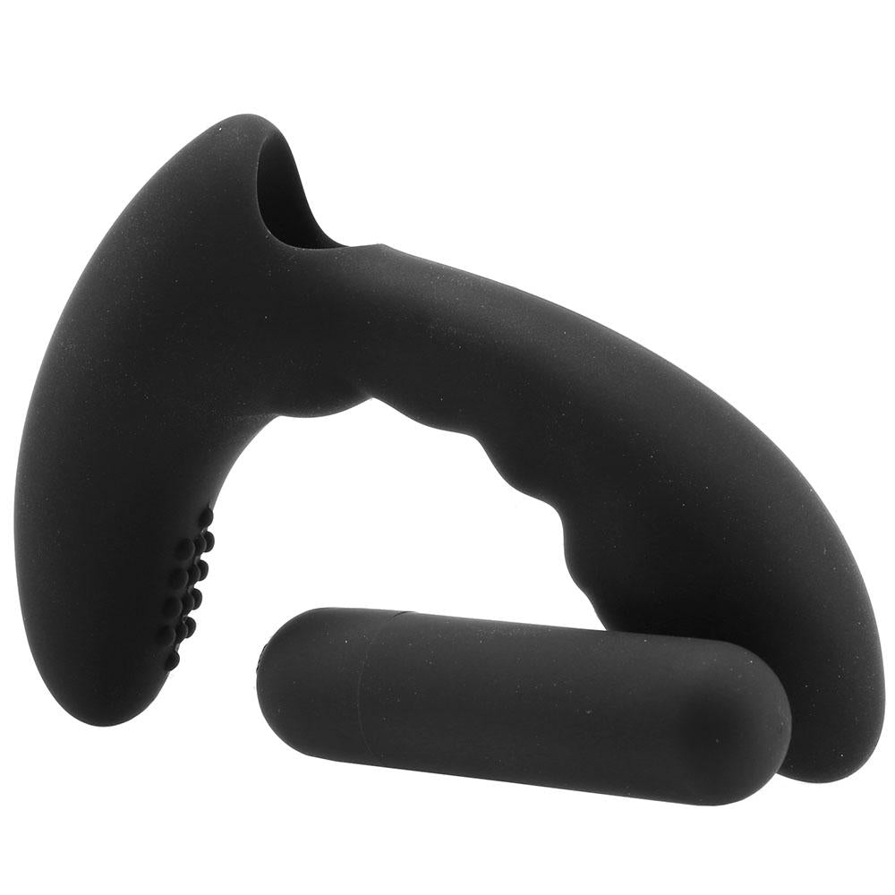 Black silicone prostate massager with a curved handle and a separate bullet vibrator.