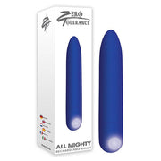A blue rechargeable vibrating bullet with a white box.