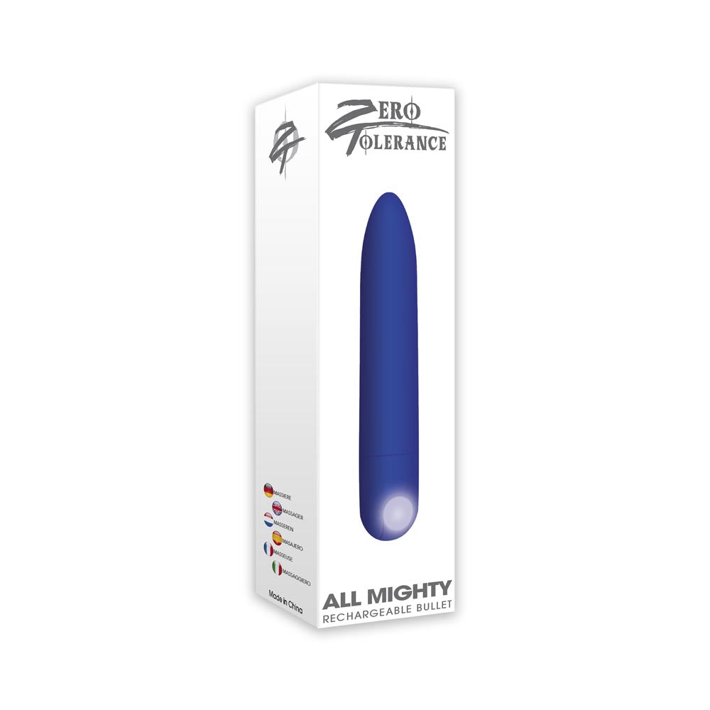 A blue rechargeable bullet vibrator in its packaging.