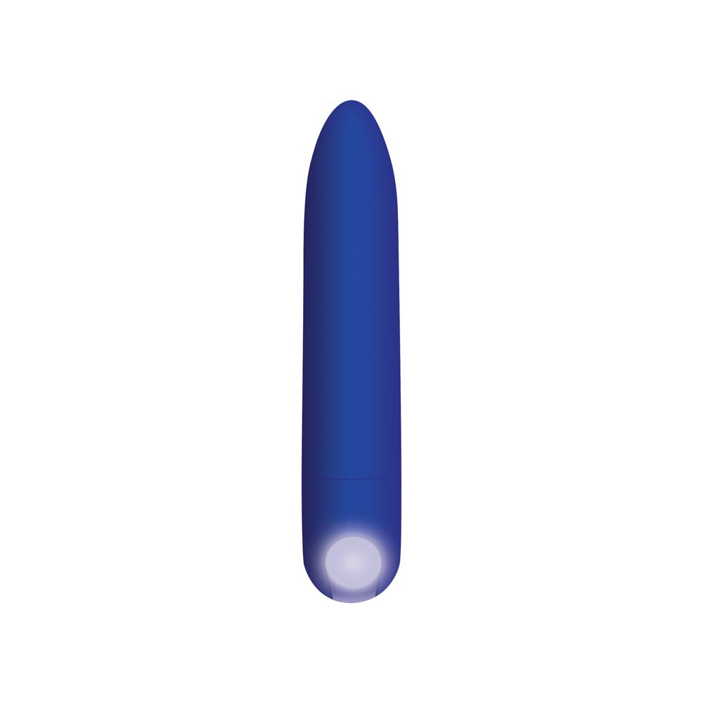 A blue rechargeable waterproof vibrating bullet with a light at the tip.