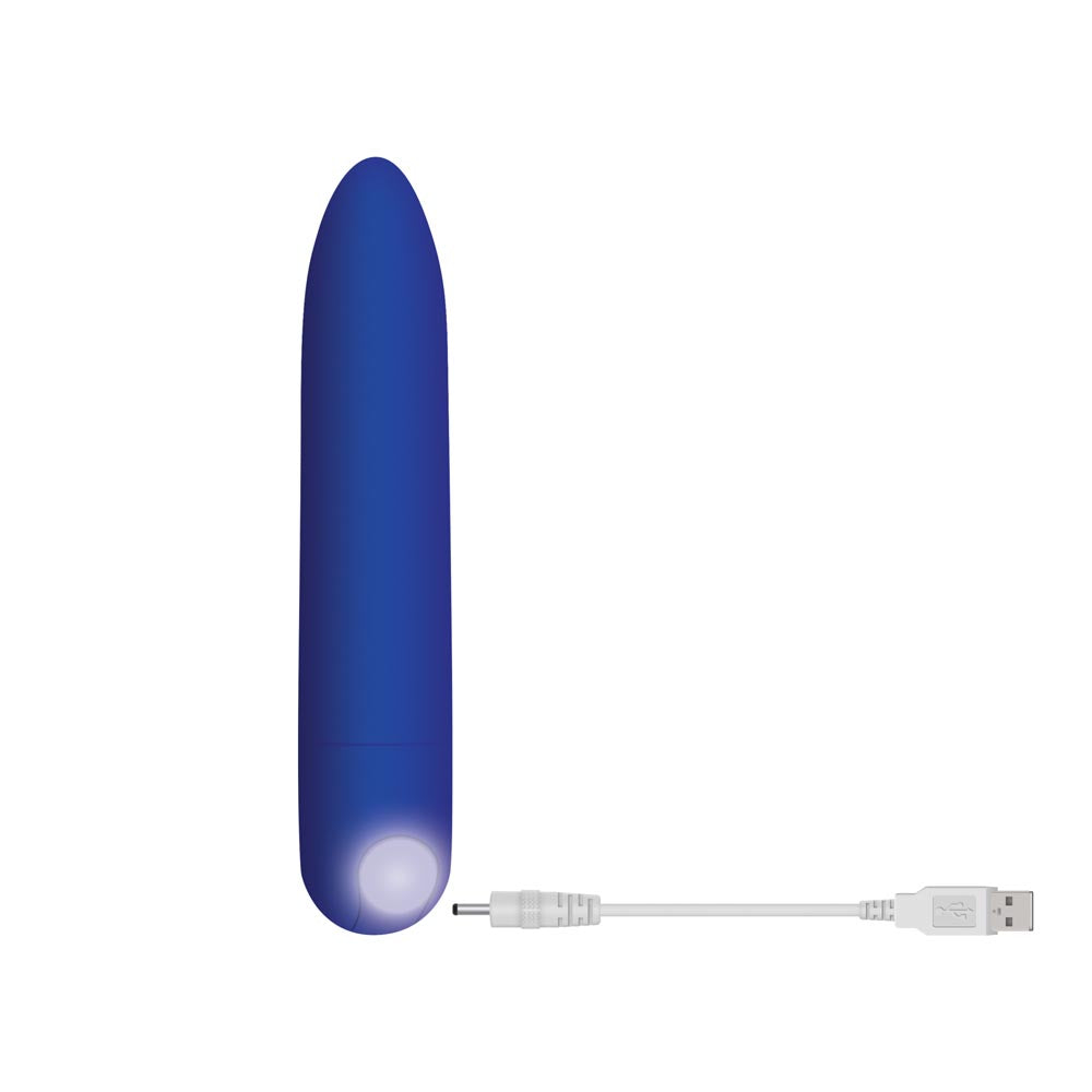 A blue rechargeable vibrating bullet with a USB charging cable.