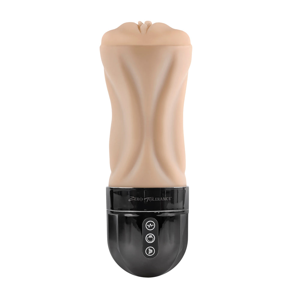 A flesh-toned vibrating stroker with a textured interior and black base with three buttons.