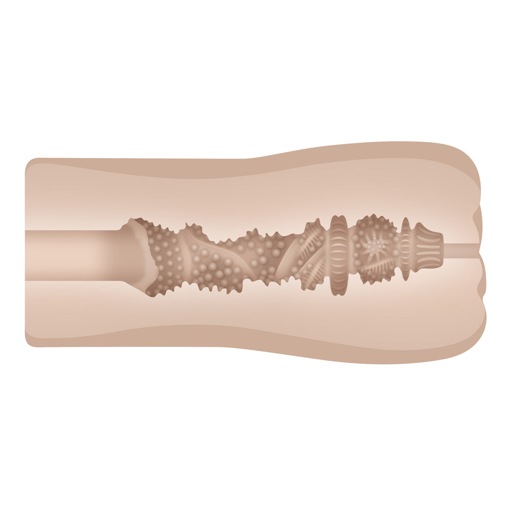 A beige vibrating stroker with textured interior.