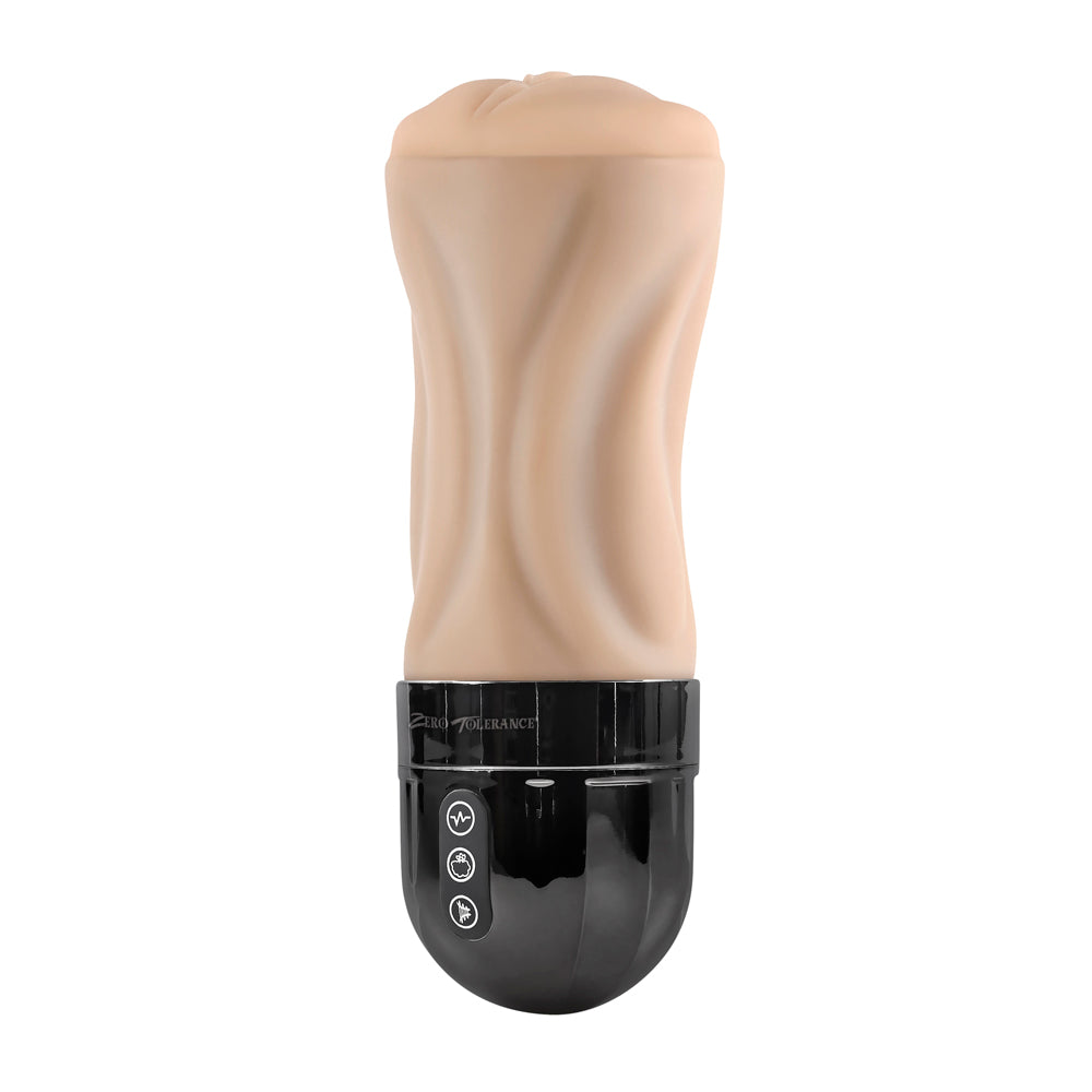 A beige vibrating stroker with a black base and three buttons.
