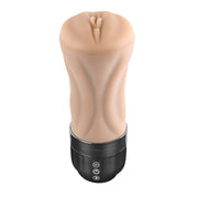 A flesh-toned vibrating stroker with a textured interior and black base.