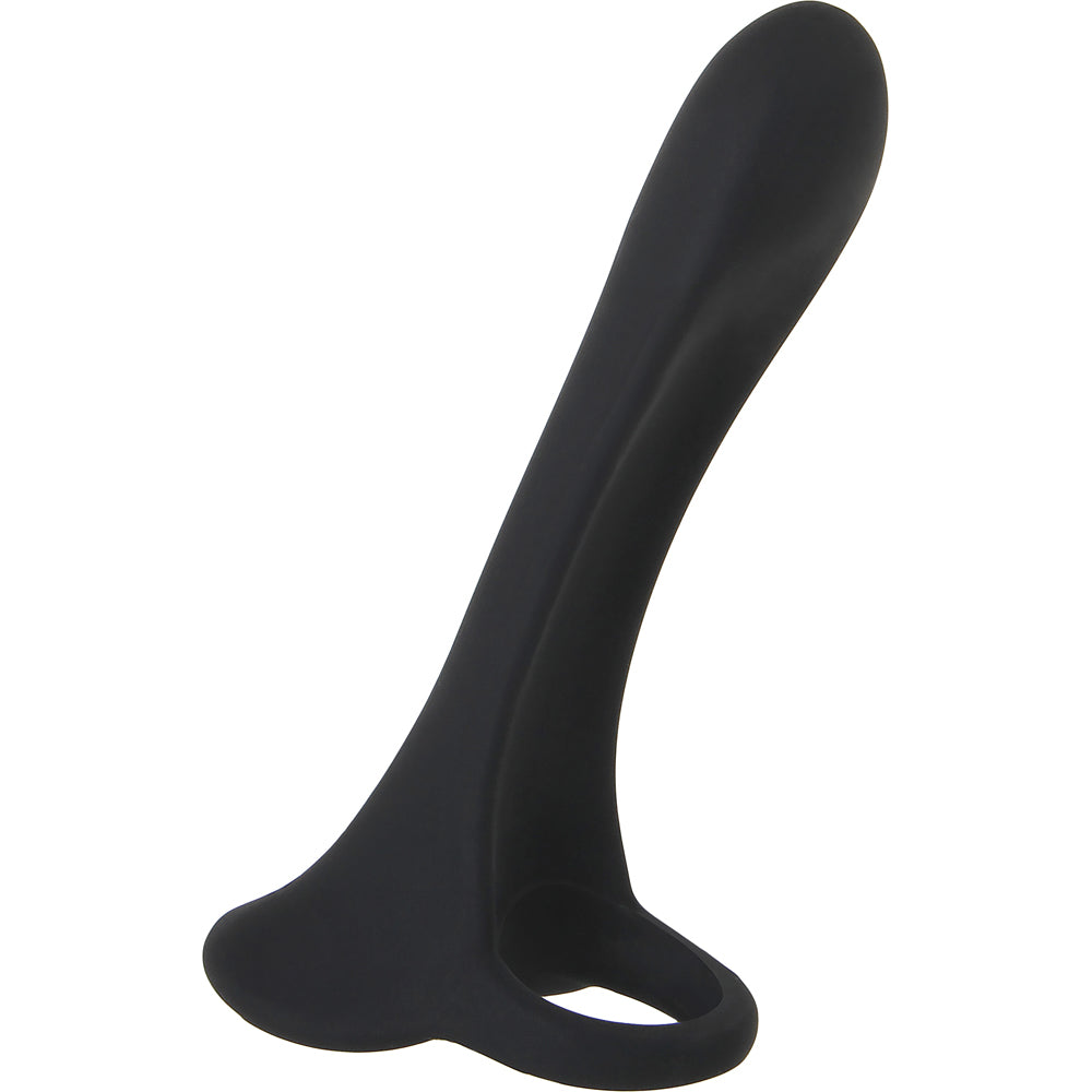 Black silicone cock ring with a curved handle.