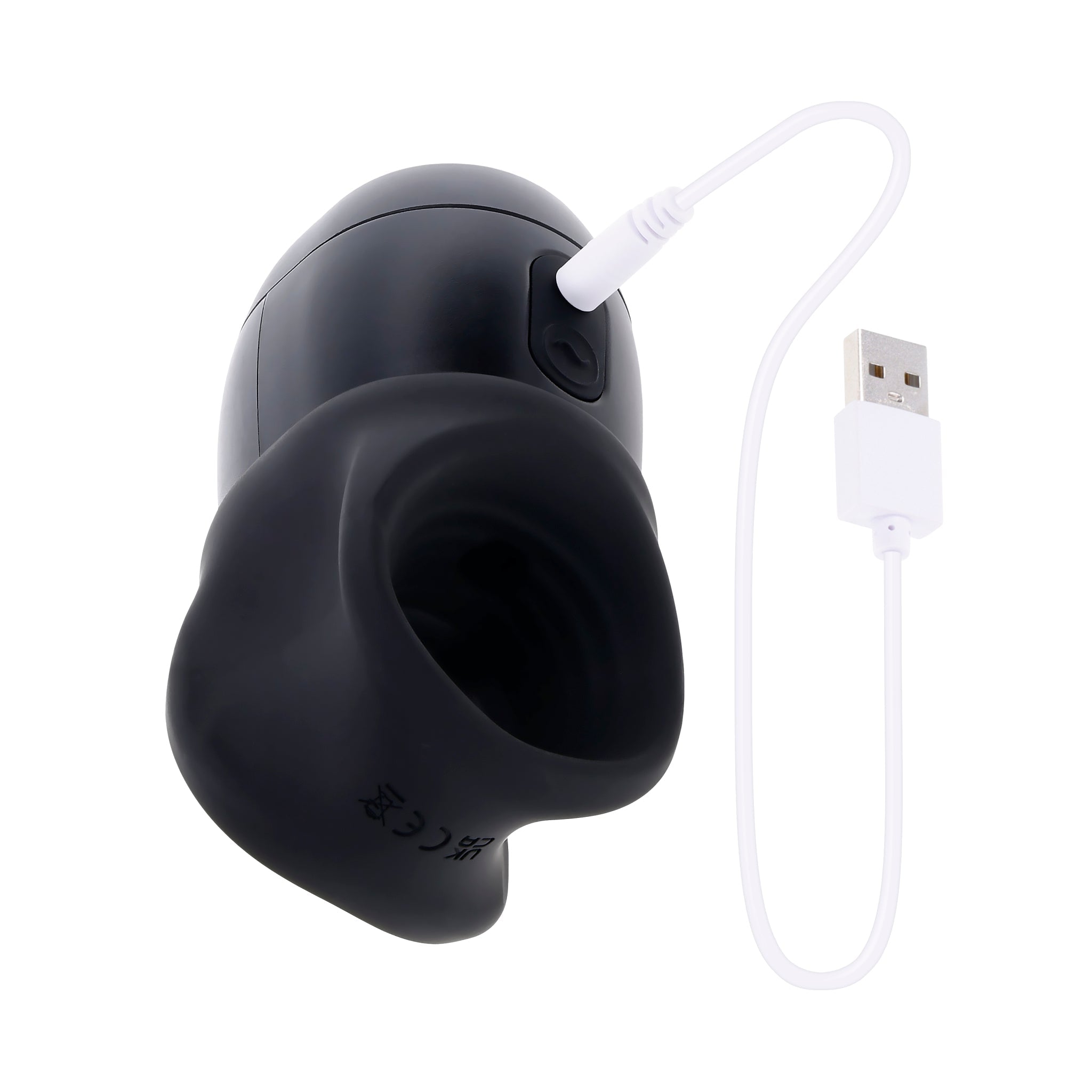 Black vibrating stroker with USB charging cable.