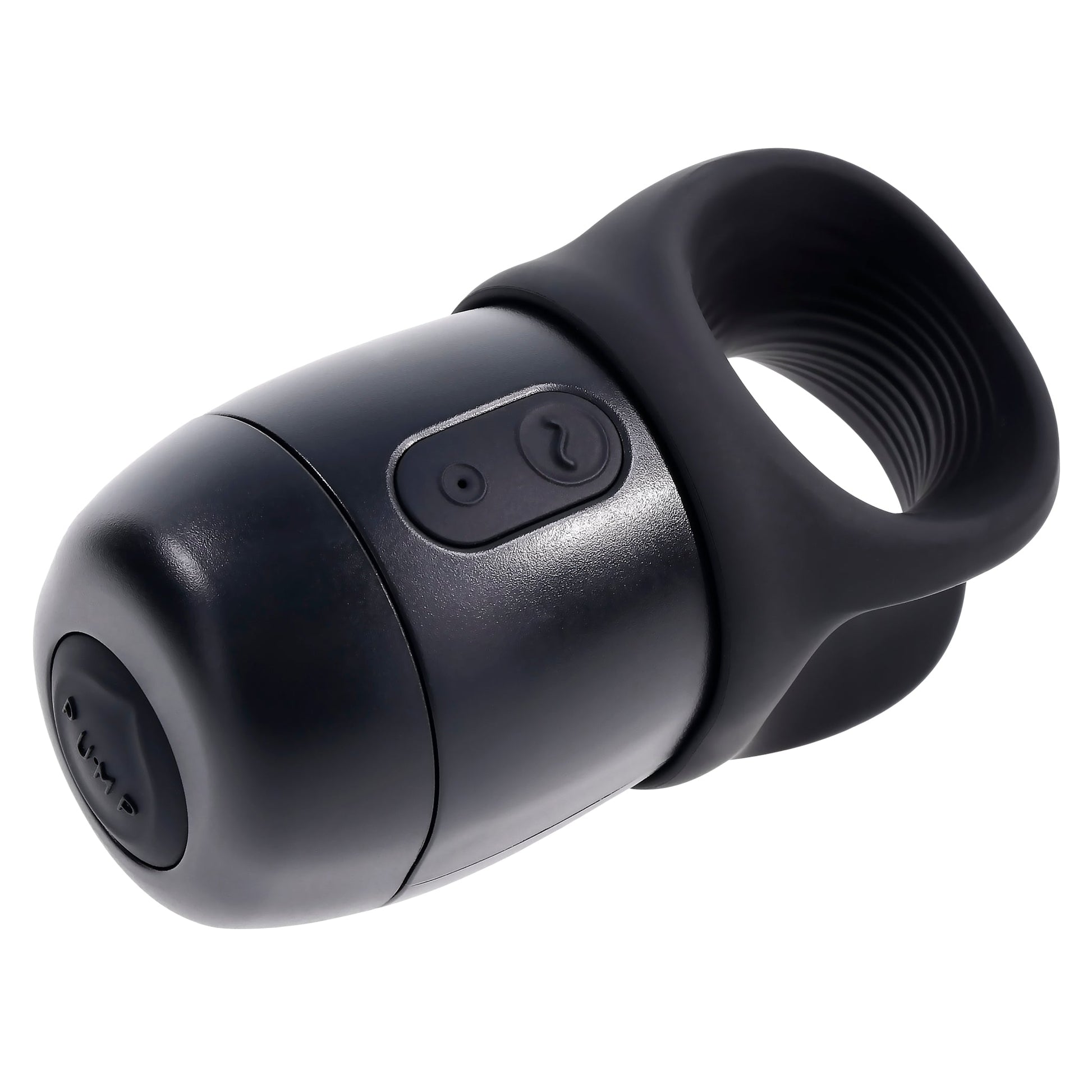 A black vibrating stroker with a ribbed ring and buttons.