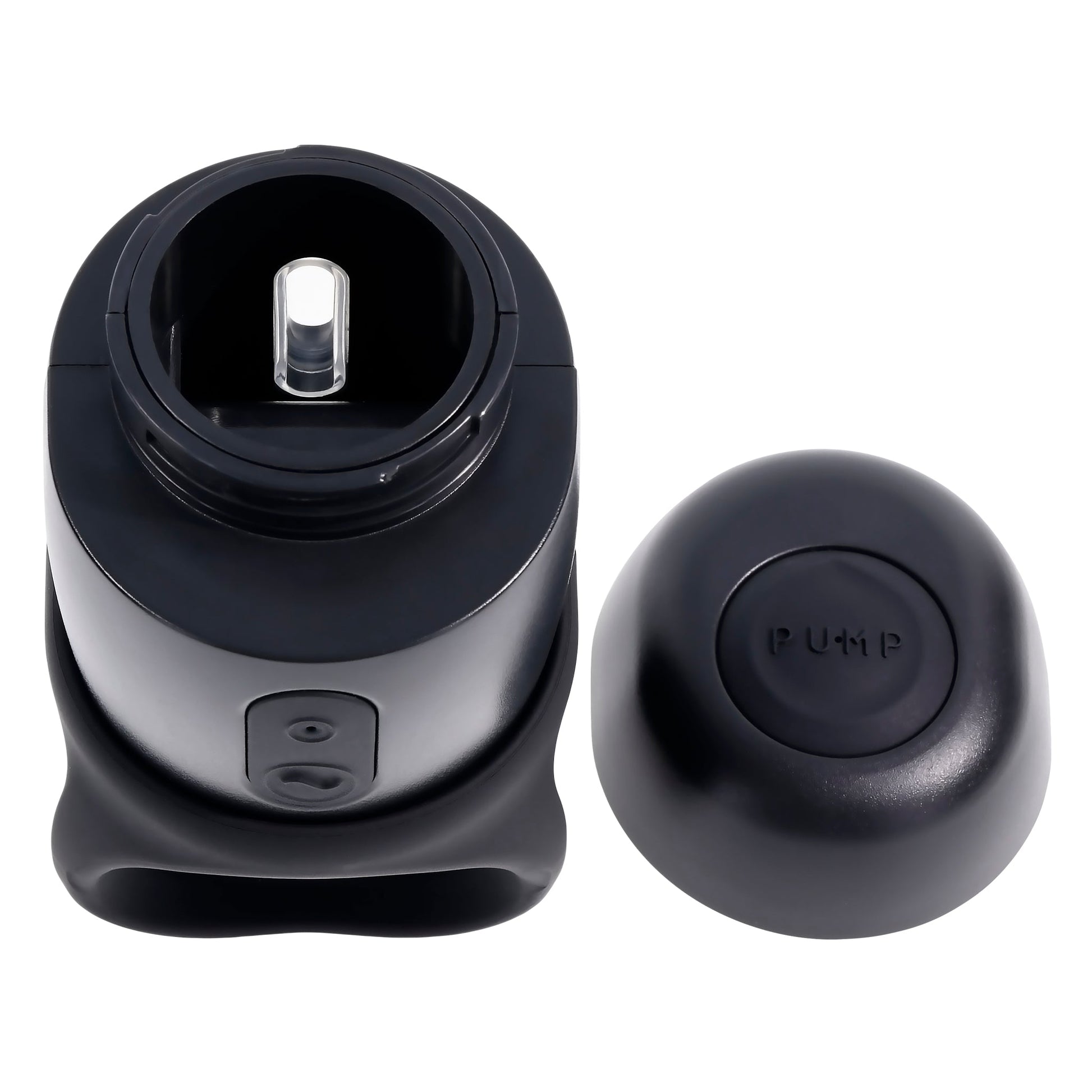Black vibrating stroker with a separate cap labeled "PUMP".