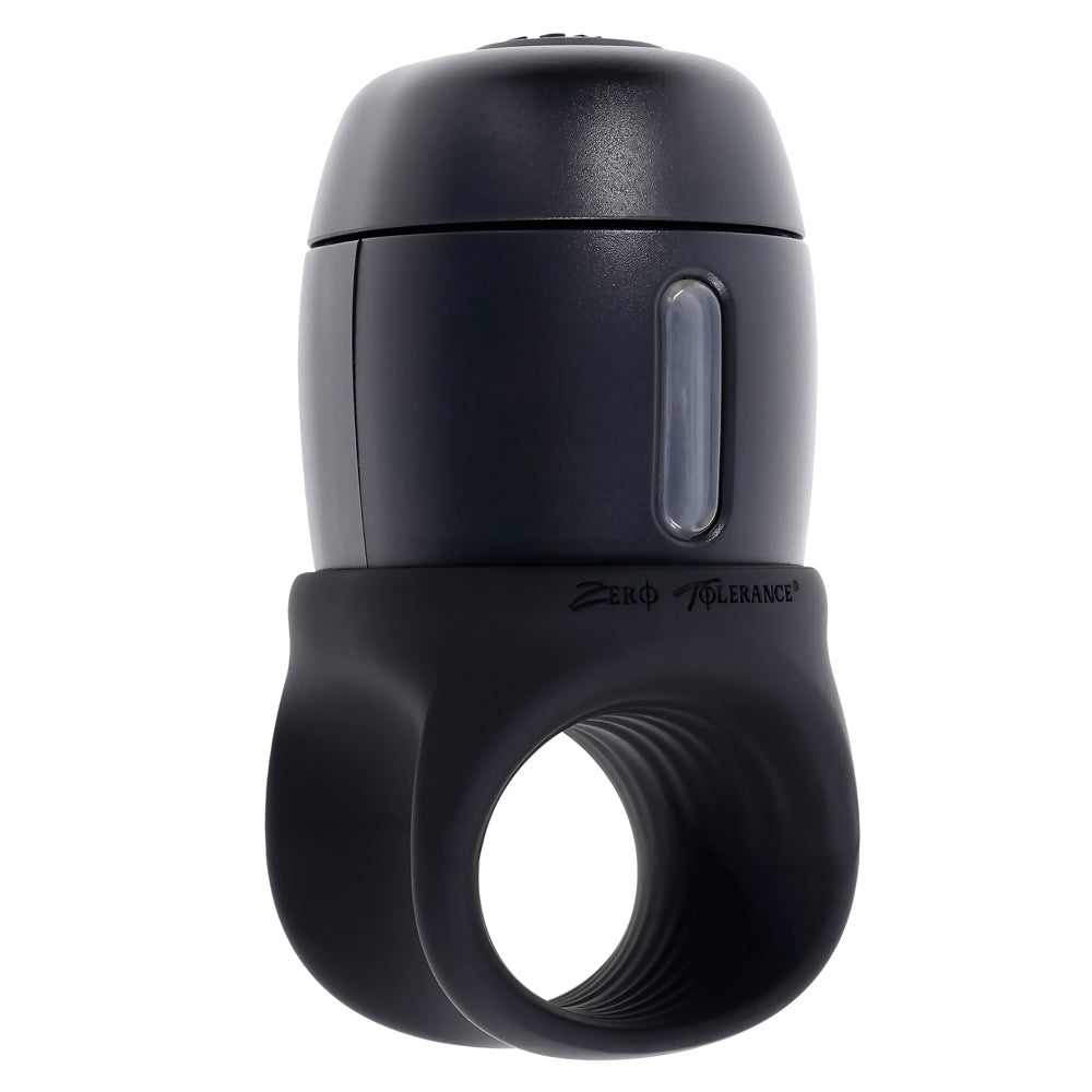 Black lube dispensing vibrating stroker with ribbed texture and Zero Tolerance logo.