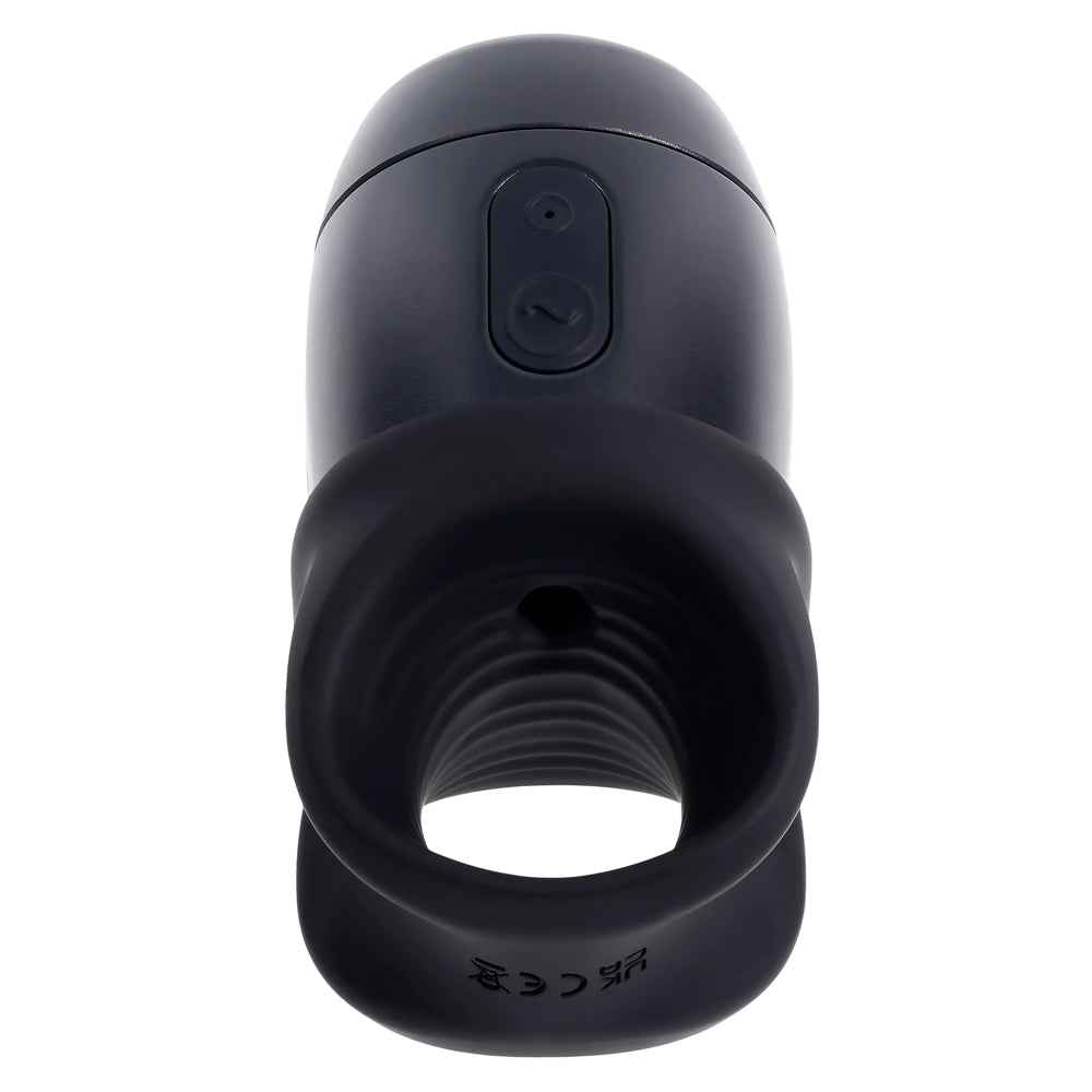 Black vibrating stroker with ribbed interior and lube dispenser.