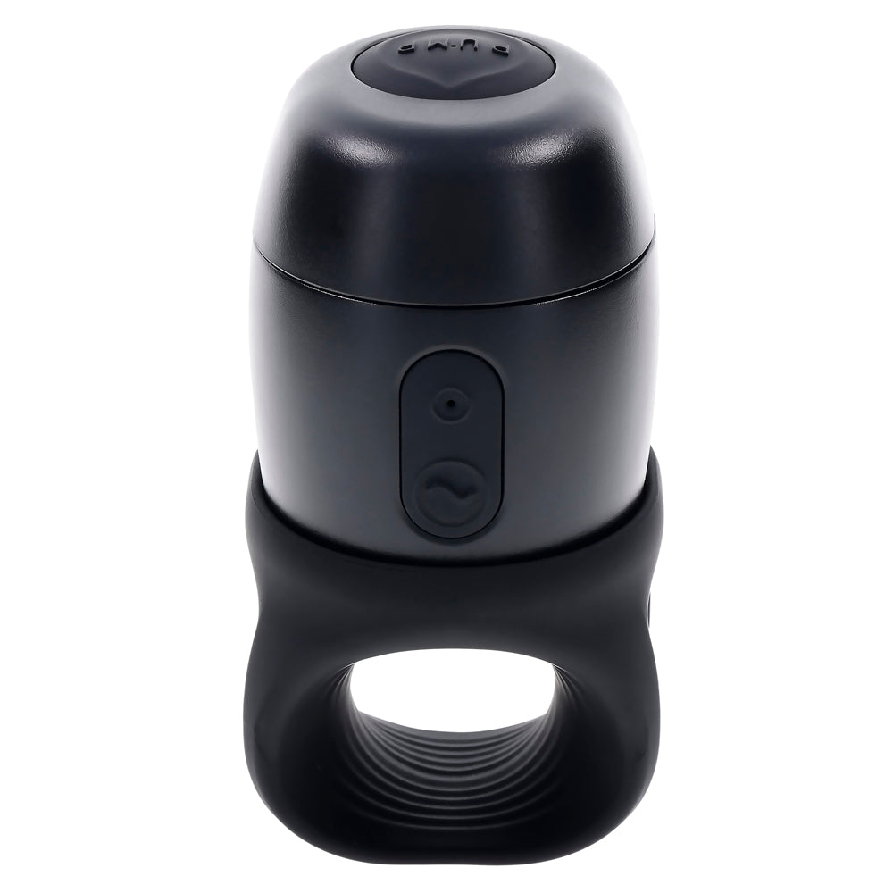 Black vibrating stroker with a ribbed ring and two buttons on the side.