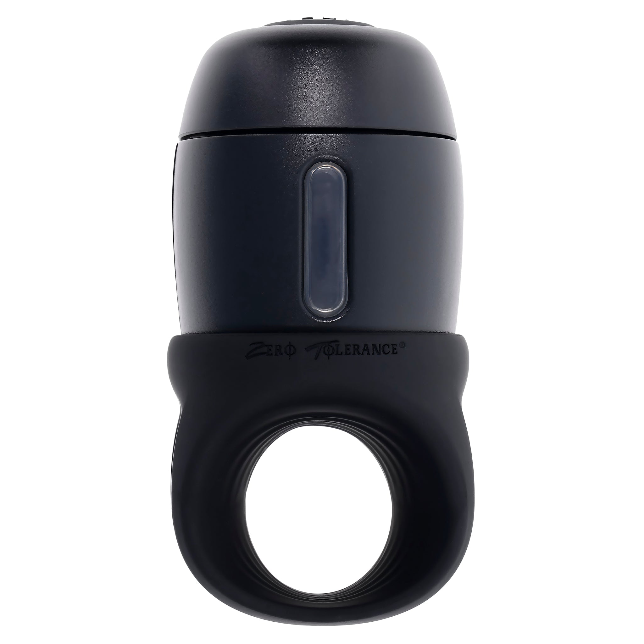 A black vibrating stroker with a lube dispenser and the Zero Tolerance logo.