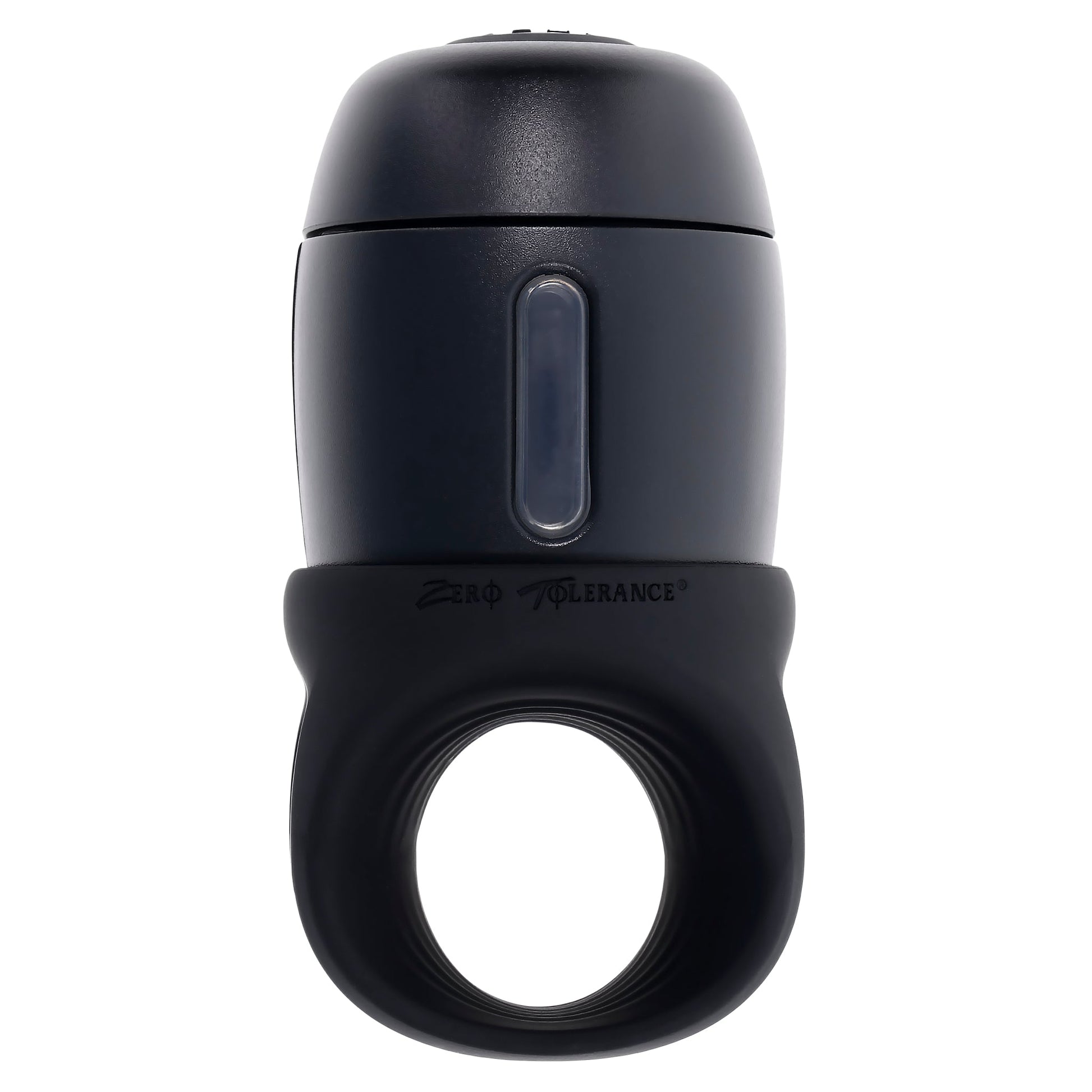 A black vibrating stroker with a lube dispenser and the Zero Tolerance logo.
