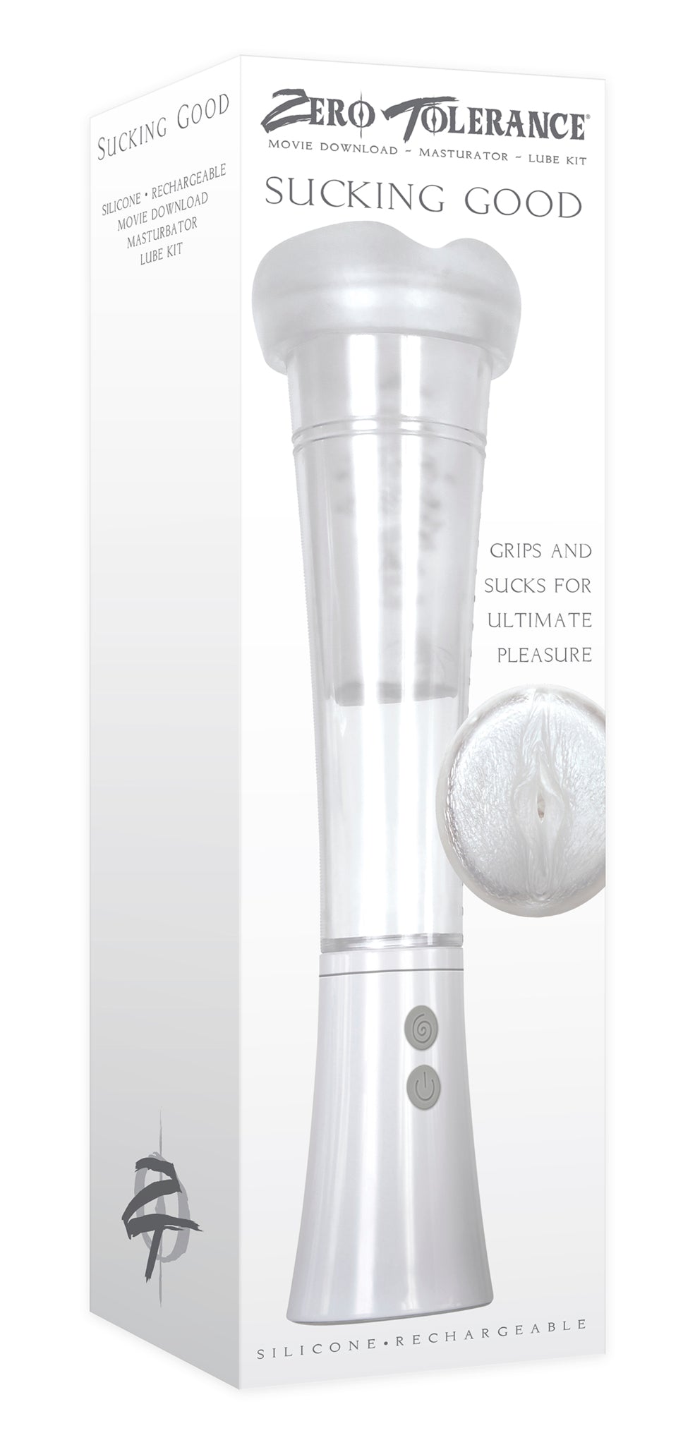 A white and clear vibrating vacuum suction stroker with buttons on the base.