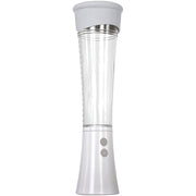 White and clear vibrating vacuum suction stroker with two buttons.