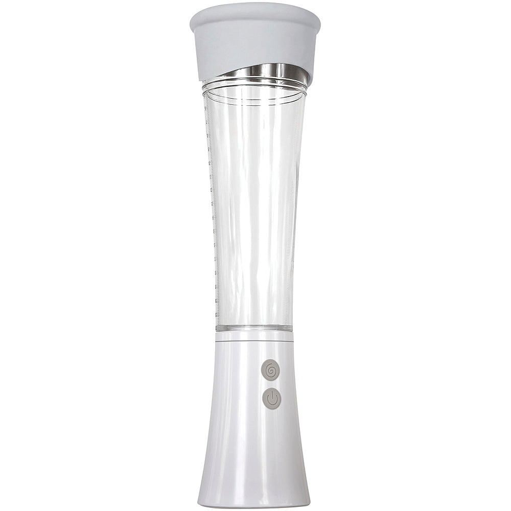 White and clear vibrating vacuum suction stroker with two buttons.