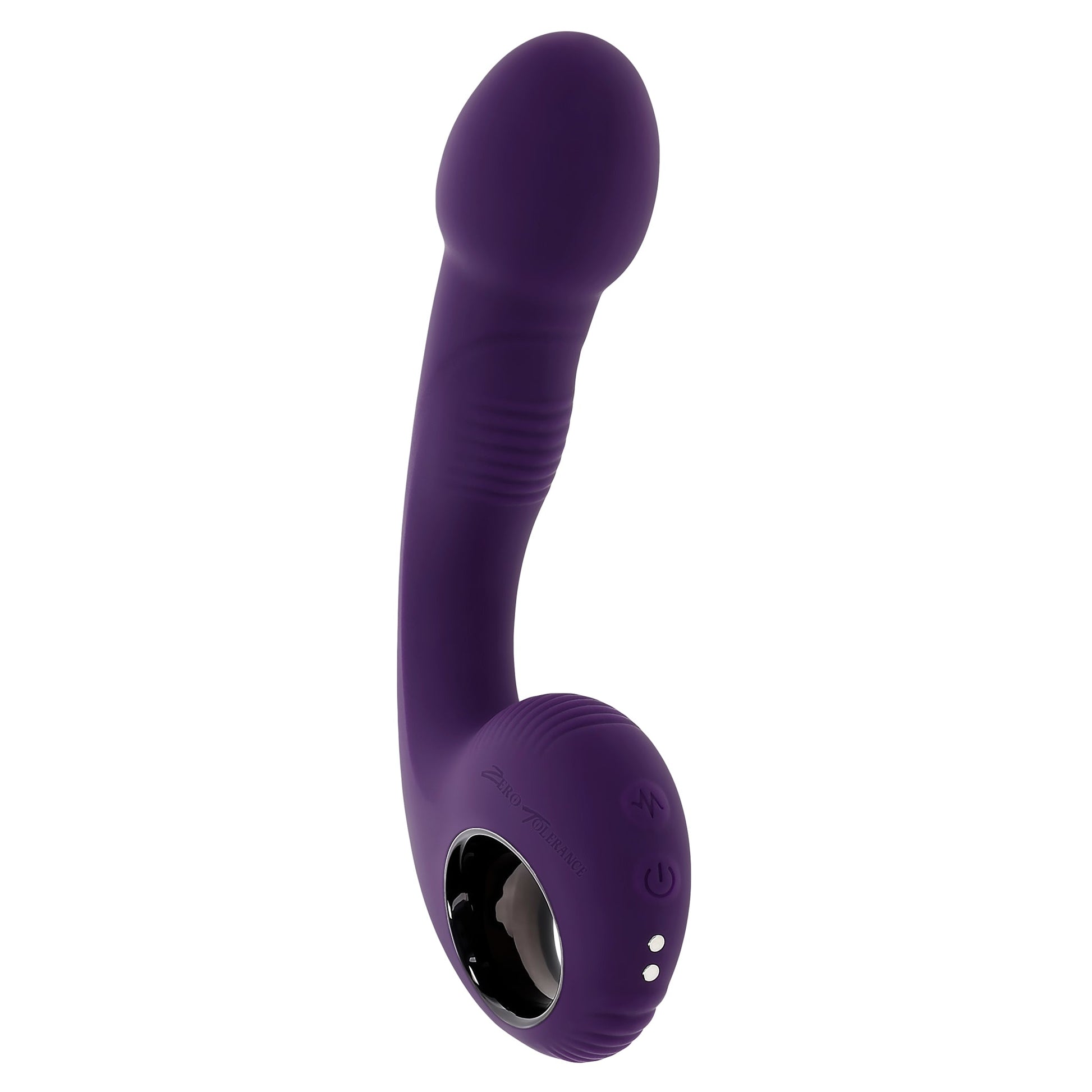A purple silicone vibrator with a curved handle and textured grip.