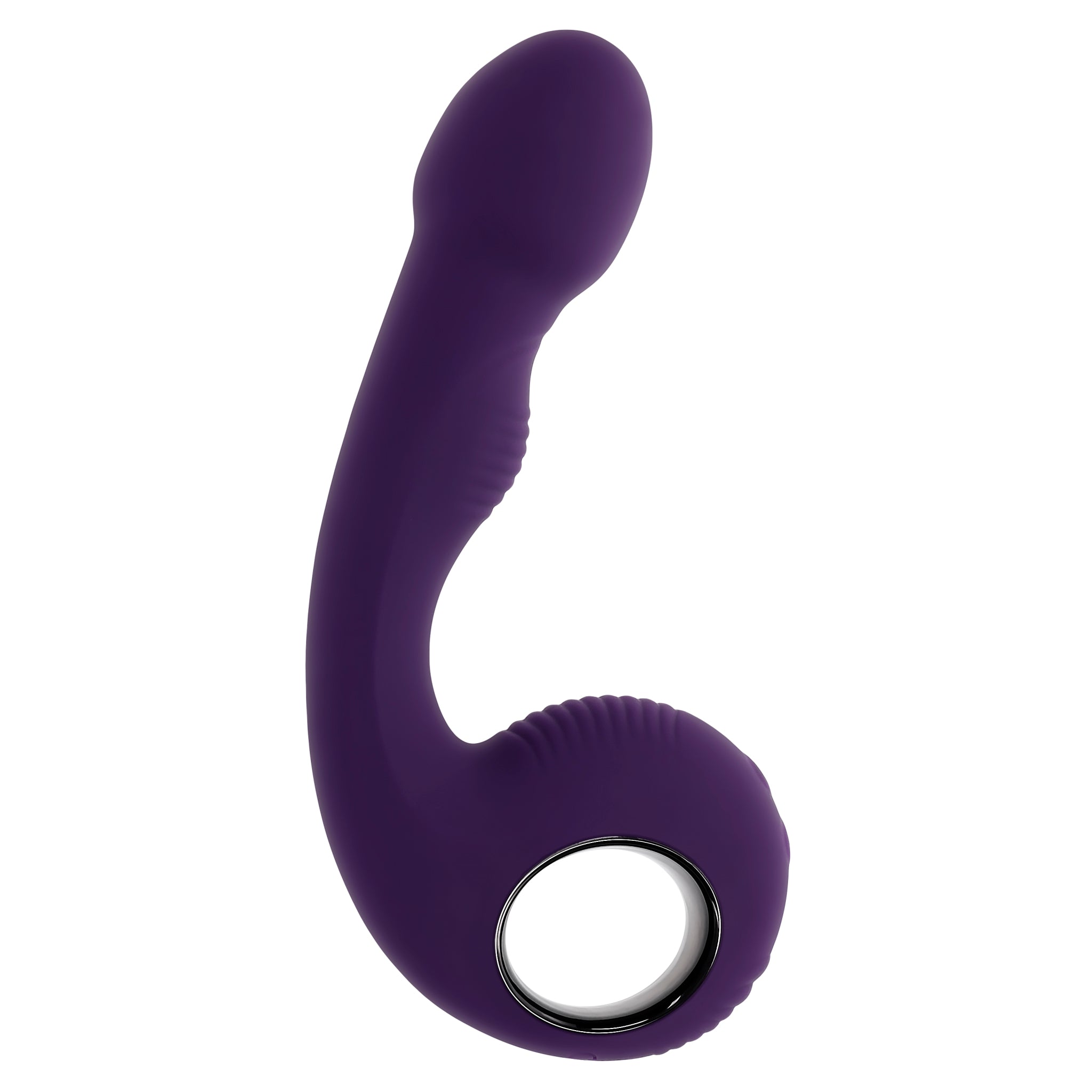 A purple silicone vibrator with a curved shape and a ring at the base.