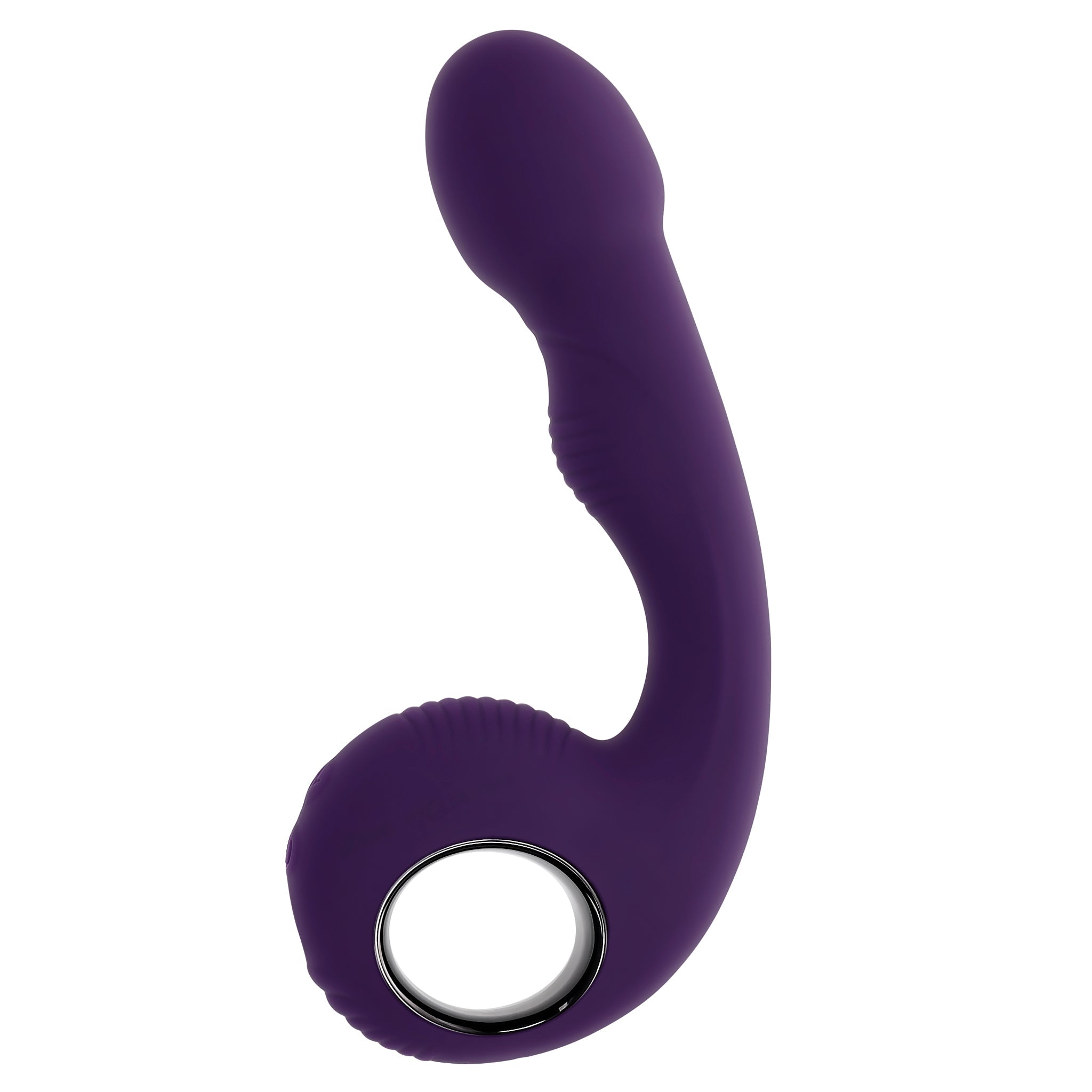 A purple silicone vibrator with a curved stem and a ringed base.