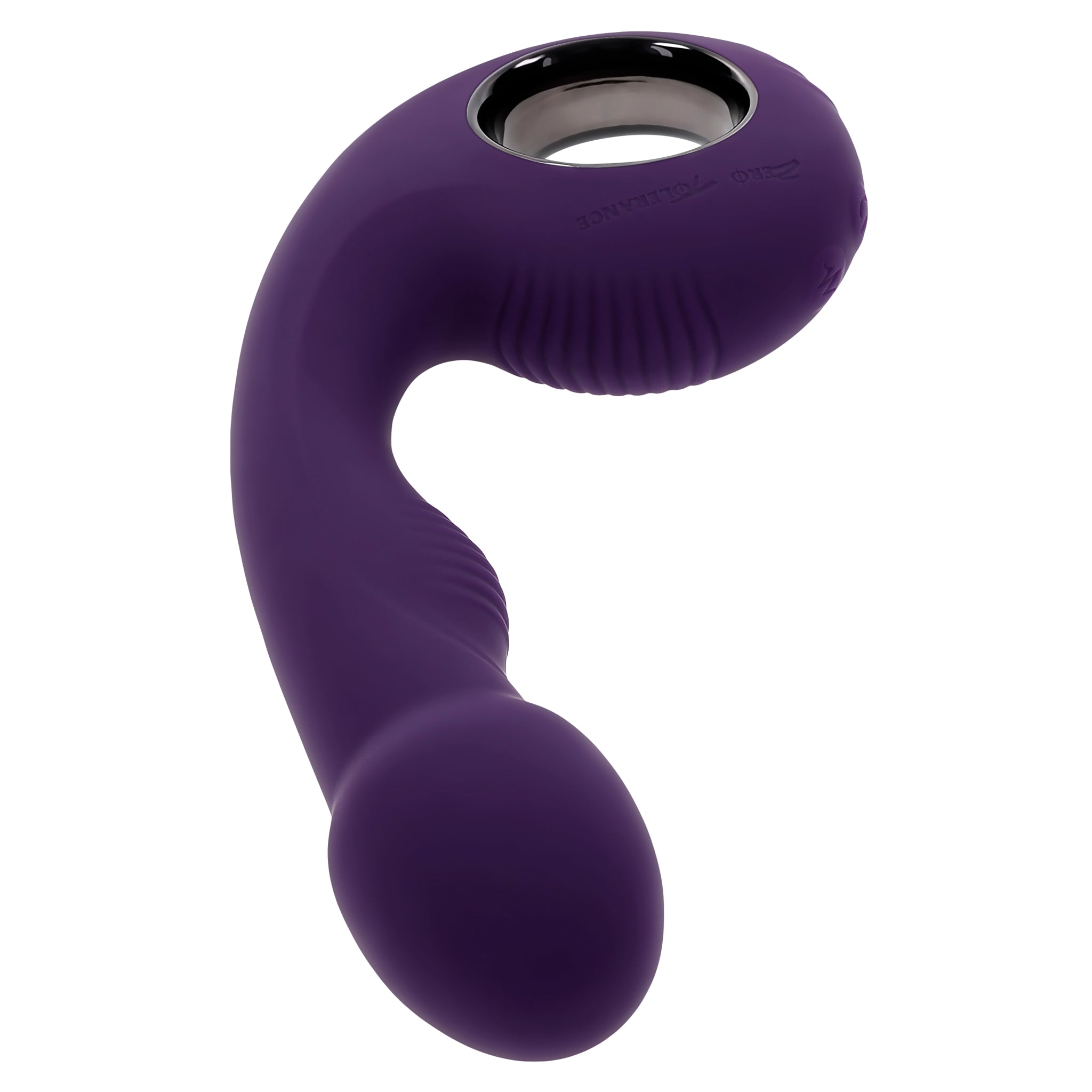 A purple silicone vibrator with a curved handle and textured grip.